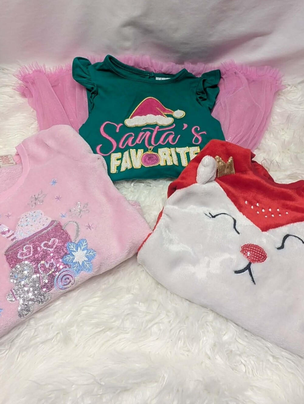 3pc Bundle Holiday Green "Santa's Favorite" Dress 2 Cozy Sweatshirts Chriatmas